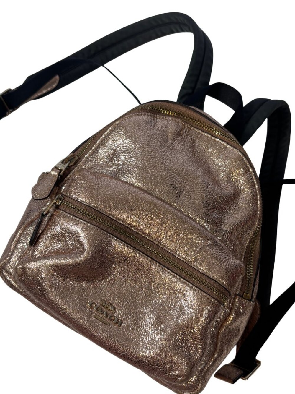 Coach Mini Charlie Backpack Purse in Crushed Metallic Rose Gold